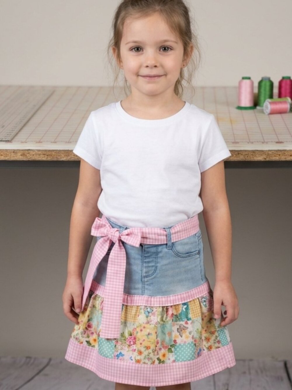 Pink flower Jean skirt refurbied upcycled